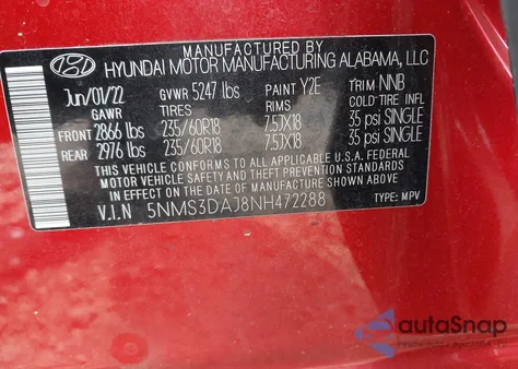 2022 Hyundai Santa Fe Sel из США, поврежденный, VIN 5NMS3DAJ8NH472288